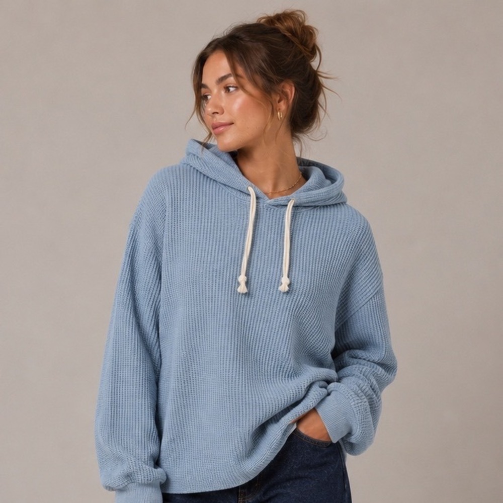 Aerie Ribbed Waffle Knit Hoodie Blue Relaxed‎ Fit Pullover Large |J1